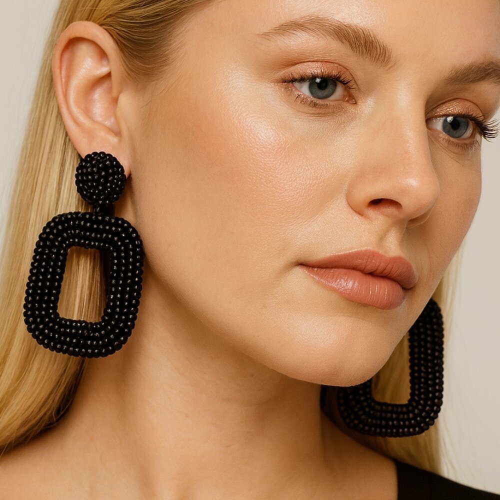 Paparazzi Black Beaded Statement Earrings – Lightweight Geometric Dangle Jewelry